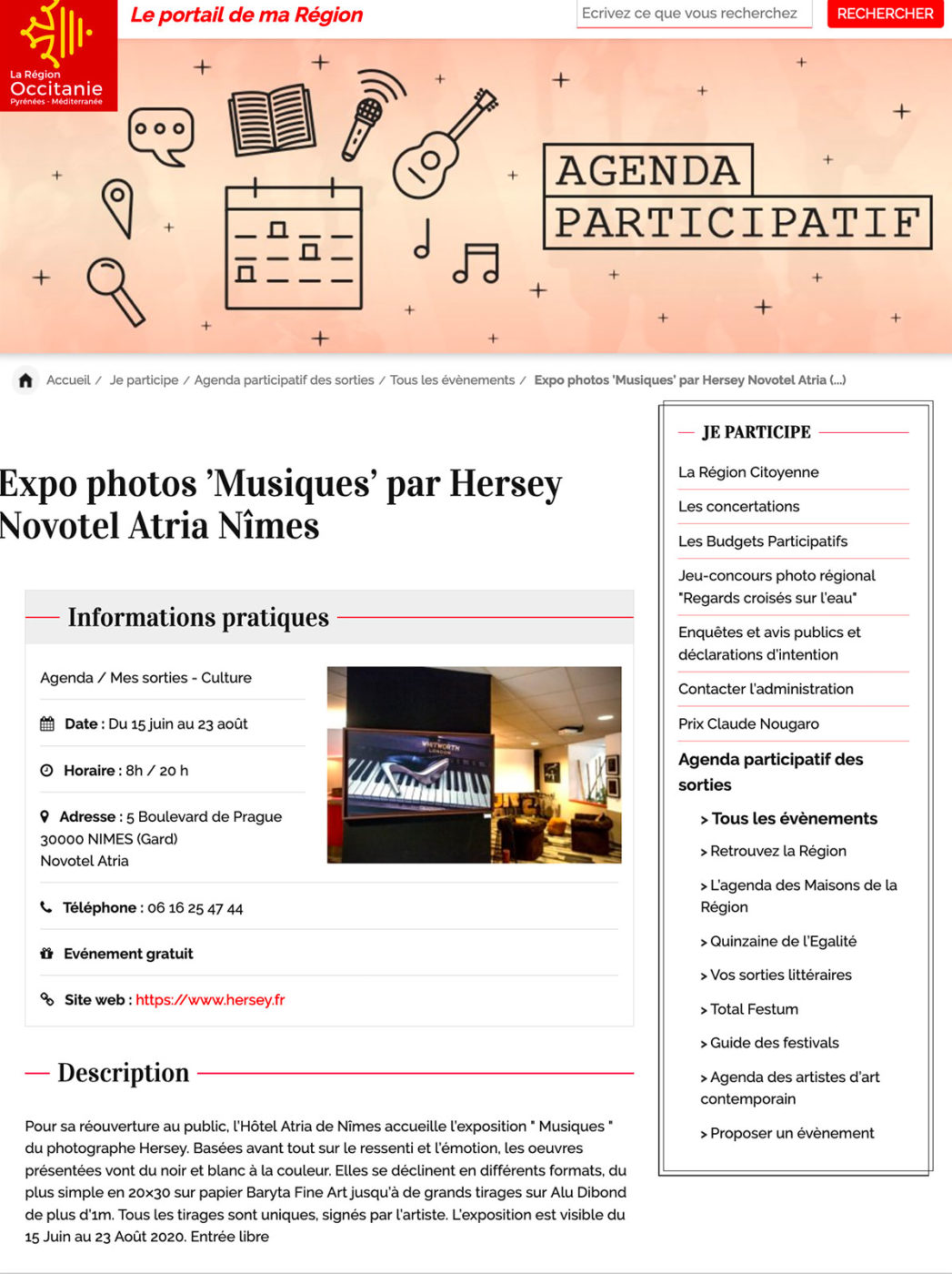 Publication exposition Hersey sur le site de la région Occitanie